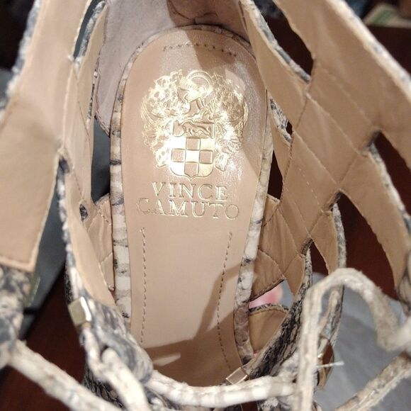 Vince Camuto Snakeskin Print Gladiator Heels With Zipper, 6.5M, Black/White/Tan - Picture 9 of 12